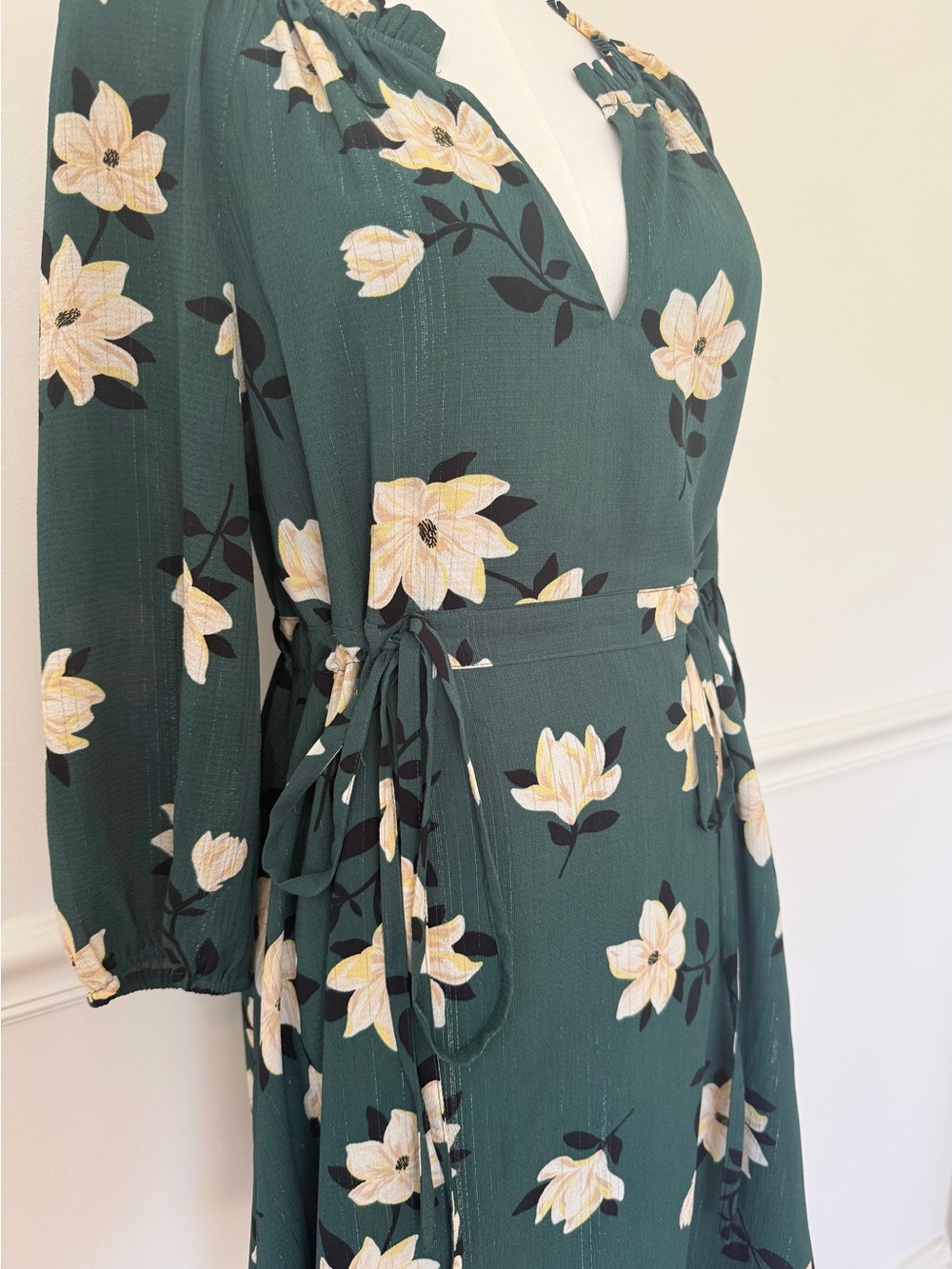 Draper James Dark Teal Floral Tie-Waist Long Sleeve Dress - Picture 4 of 5